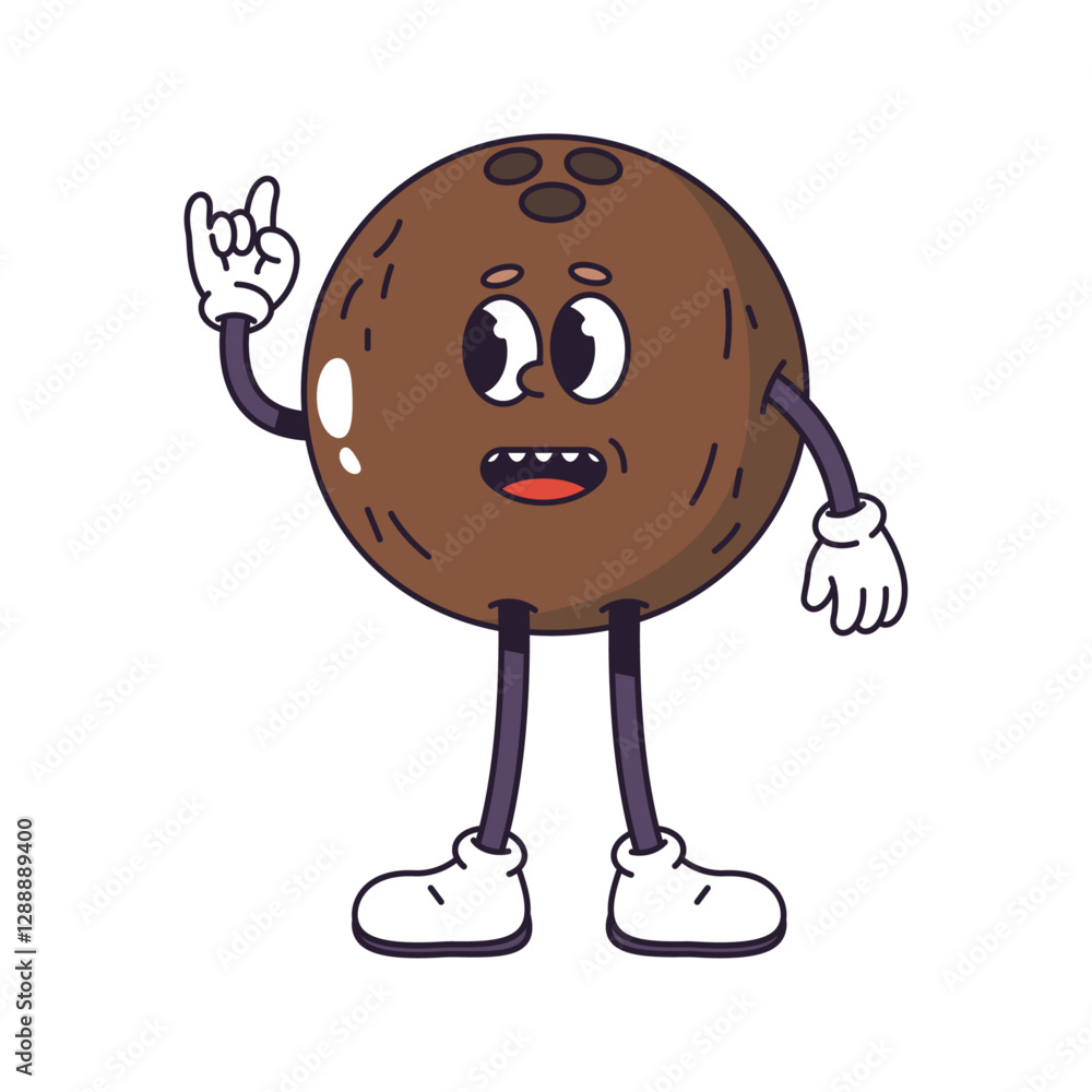 Fototapeta premium Retro groovy personage showing hand gesture of rock n roll. Vector isolated vintage exotic fruit with facial expressions, legs and arms. Gesturing and non verbal sign of coconut comic mascot