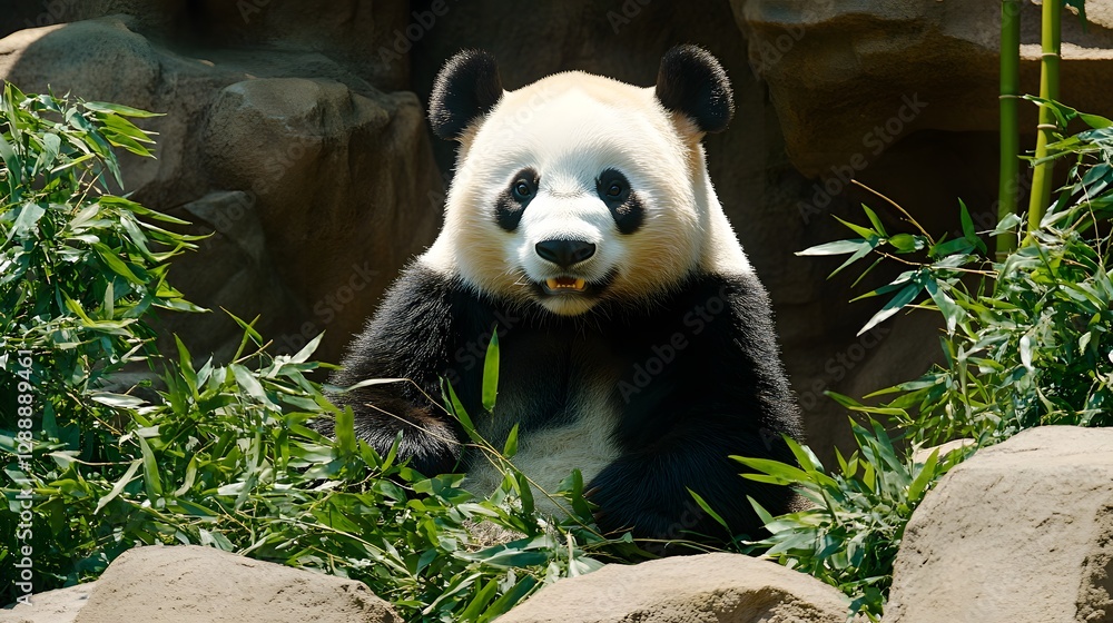 Fototapeta premium Giant Panda Sitting Amongst Green Bamboo Leaves in a Natural Habitat Setting