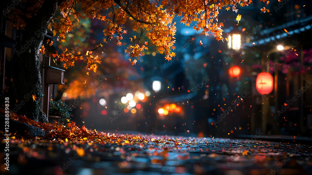 Obraz premium Rainy Autumn Night in a City Street with Orange Leaves and Warm Lights