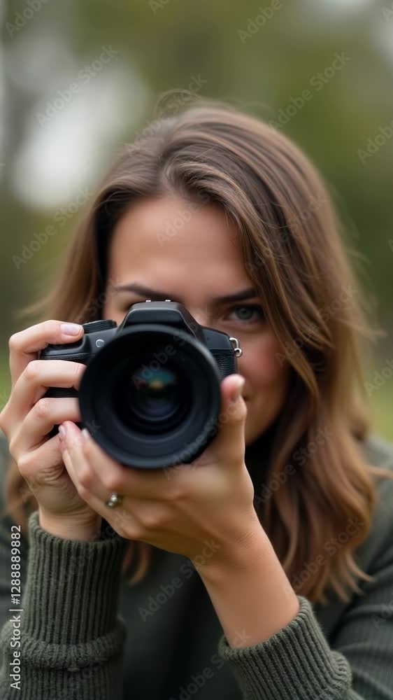 Smiling woman captures moments with camera in natural outdoor setting surrounded by greenery Smiling woman captures moments with camera in natural outdoor setting surrounded by greenery