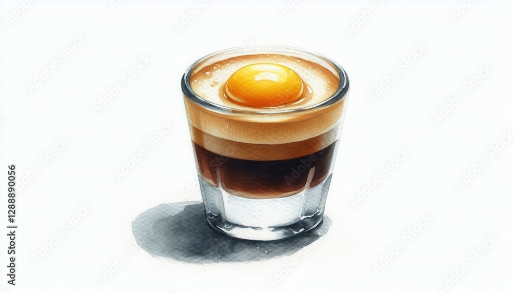 Close-up culinary art tasty espresso shot with egg yolk in bright coffee shop setting Close-up culinary art tasty espresso shot with egg yolk in bright coffee shop setting