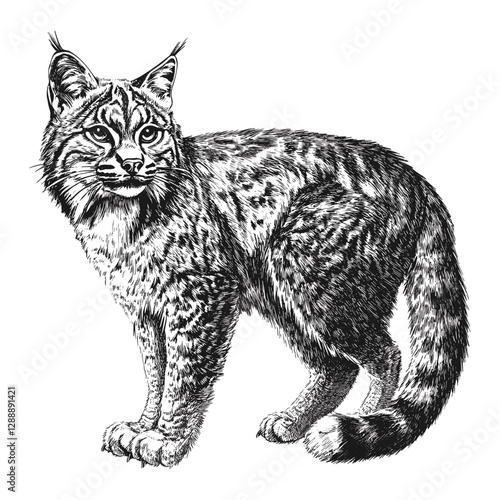 Bobcat illustration, antique style, wildlife predator, hand-drawn engraving, trendy vintage art, forest animal, black sketch effect, vector design, white background.