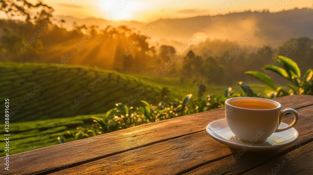 Sunrise over lush hills with a cup of tea on a wooden table in a tranquil landscape