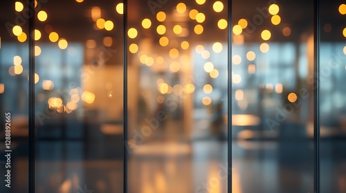 Beautiful blurred background of a modern office interior in gray tones with panoramic windows, glass partitions and orange color accents.