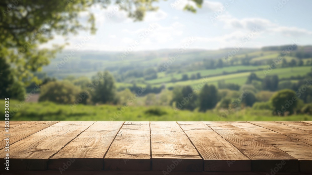 Natural landscape view from a rustic wooden table with lush green fields and blue sky Natural landscape view from a rustic wooden table with lush green fields and blue sky