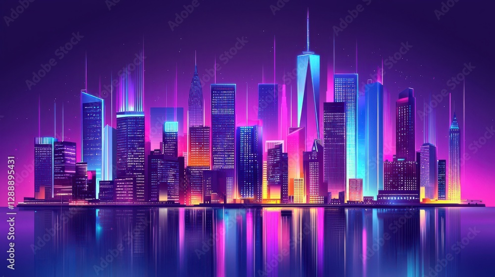 Fototapeta premium Vibrant Night Cityscape with Neon Lights and Reflections in Water