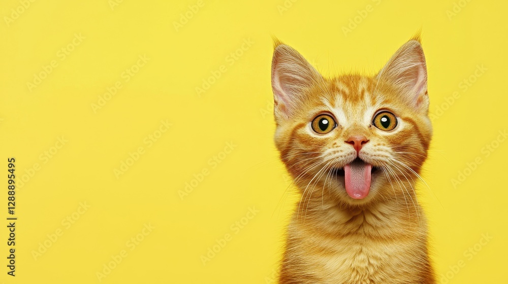 A playful orange kitten with wide eyes and a tongue out sits against a bright yellow background, radiating joy and curiosity. A playful orange kitten with wide eyes and a tongue out sits against a bright yellow background, radiating joy and curiosity.
