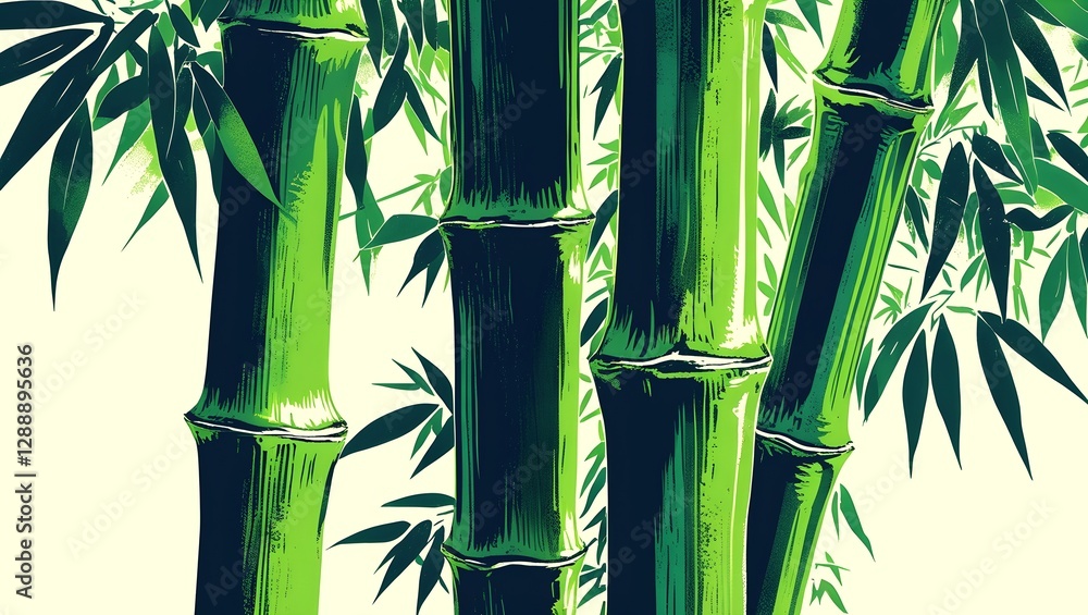 Obraz premium Fresh green bamboo stems and leaves close up, illustration.