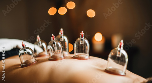 Cupping therapy session in a tranquil spa environment with soft lighting and candles for relaxation