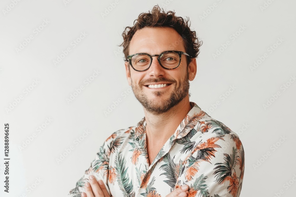 A smiling man wearing glasses and a floral shirt A smiling man wearing glasses and a floral shirt