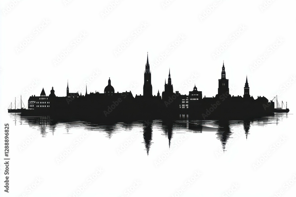 Copenhagen Skyline. White isolated outline of downtown skyscraper towers in Denmark Copenhagen Skyline. White isolated outline of downtown skyscraper towers in Denmark