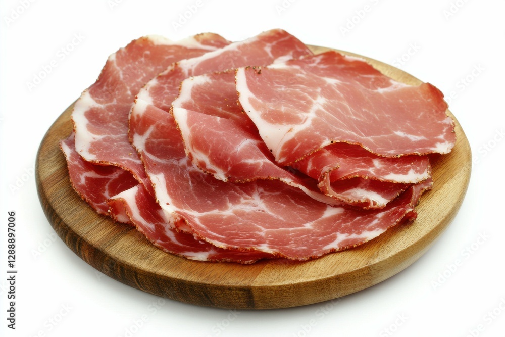 Coppa: Italian Raw Ham with Spices on Wooden Board. Sliced Pork Meat Delicacy Coppa: Italian Raw Ham with Spices on Wooden Board. Sliced Pork Meat Delicacy