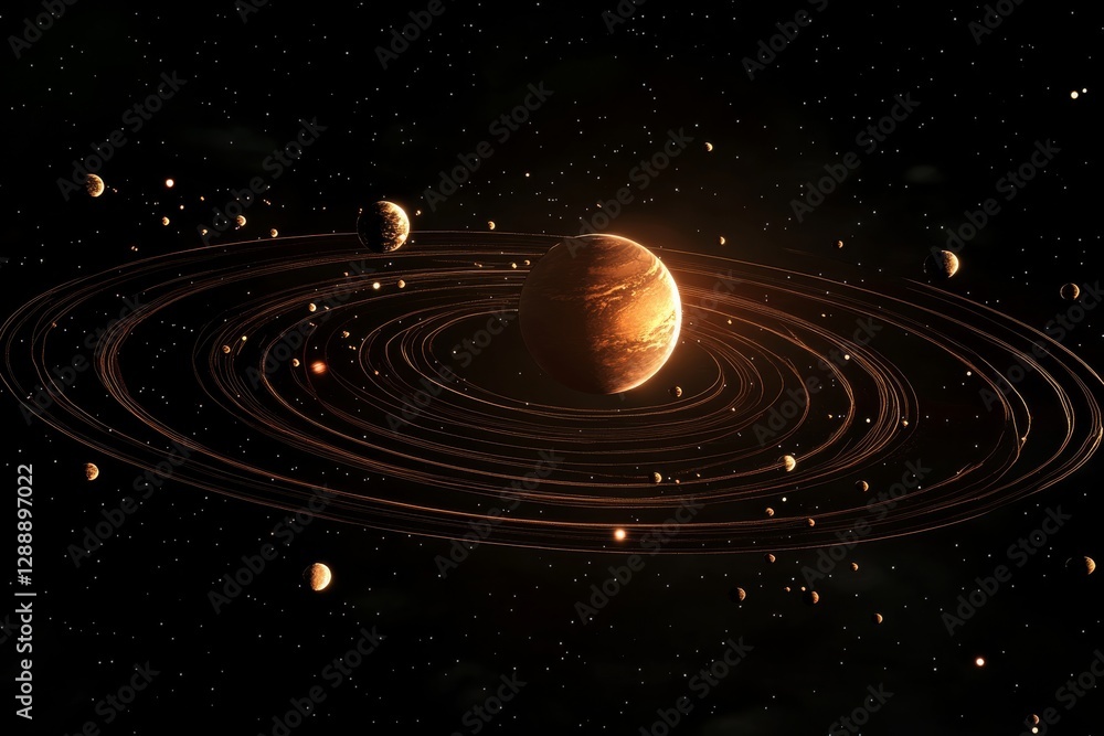 Obraz premium Majestic gas giant with rings and orbiting moons in space