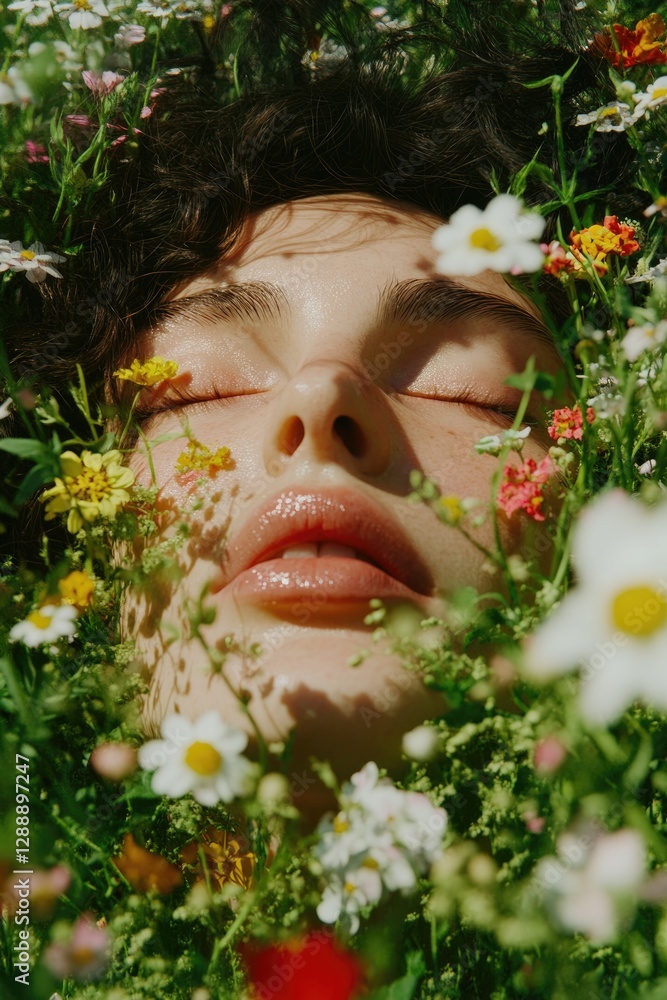 Peaceful face surrounded by vibrant flowers, embodying natural b Peaceful face surrounded by vibrant flowers, embodying natural b