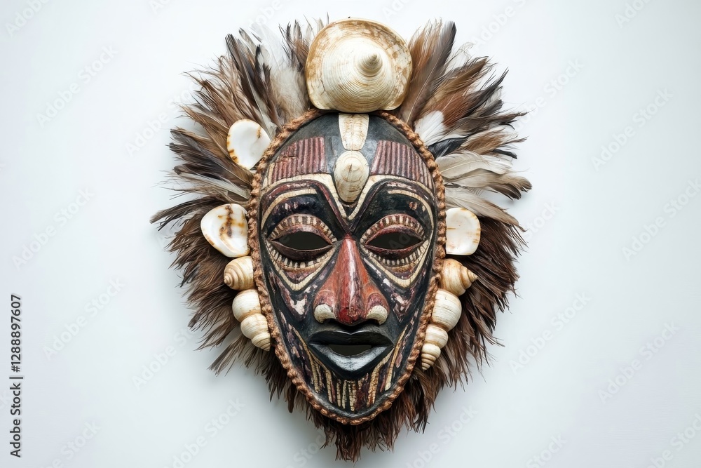 Ornate African Mask Decorated With Shells and Feathers Ornate African Mask Decorated With Shells and Feathers