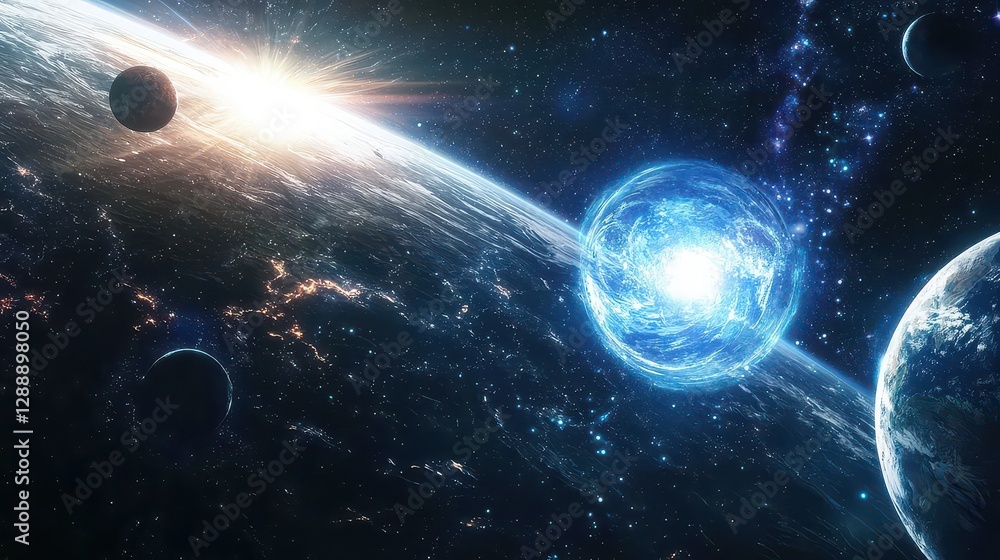 Obraz premium A celestial gateway opens in space above Earth, revealing an alternate dimension of glowing planets