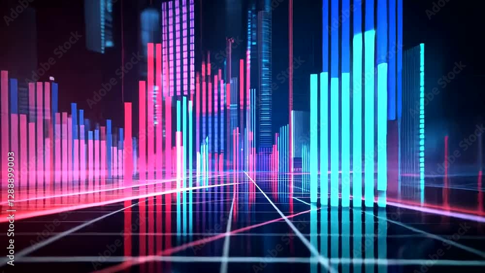 Abstract digital visualization of data trends with vibrant colors and grid patterns in a futuristic setting Abstract digital visualization of data trends with vibrant colors and grid patterns in a futuristic setting