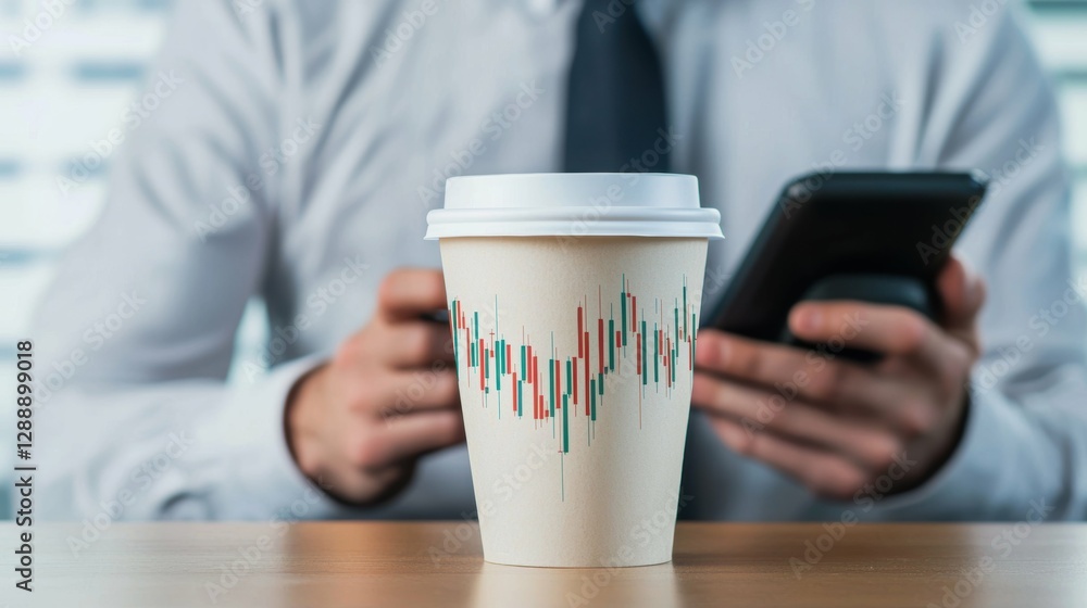 Man analyzing stock charts on phone with coffee cup in modern office professional environment focused viewpoint Man analyzing stock charts on phone with coffee cup in modern office professional environment focused viewpoint