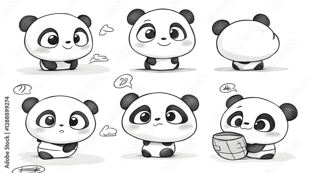 Playful Cartoon Panda Characters Expressing Various Emotions and Actions in Monochrome Design Playful Cartoon Panda Characters Expressing Various Emotions and Actions in Monochrome Design
