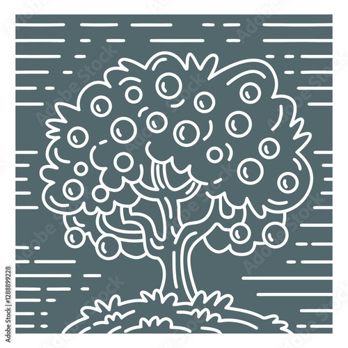 Apples Tree Illustration: A simple apple tree with a full canopy laden with ripe fruit, created in a clean, graphic style, suitable for design or educational materials.