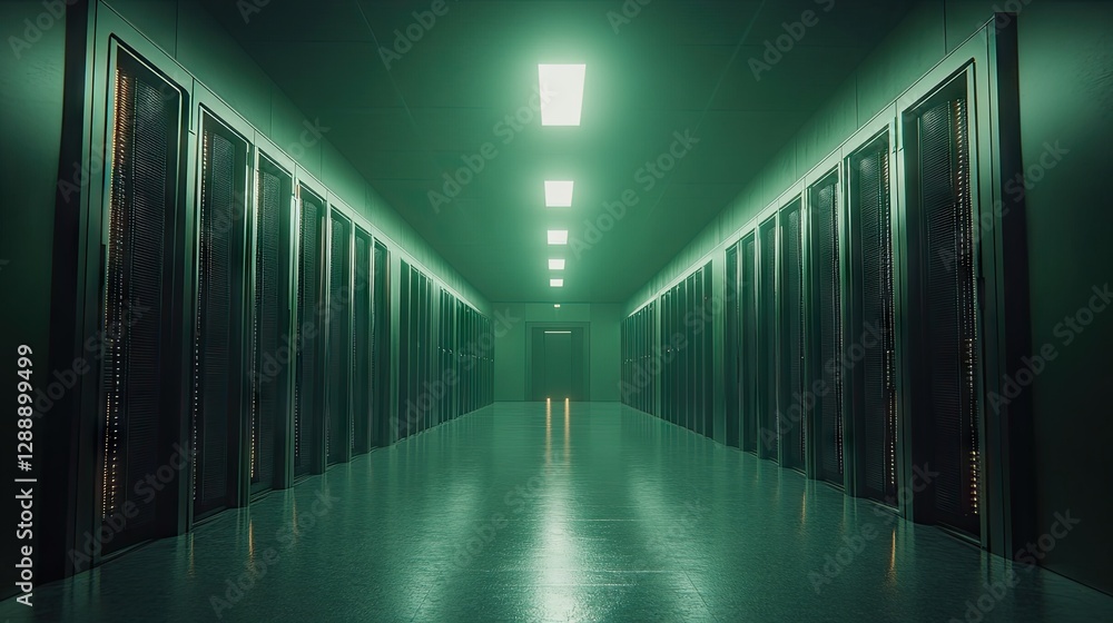 Fototapeta premium Green lit server room corridor; data center hallway; technology infrastructure
