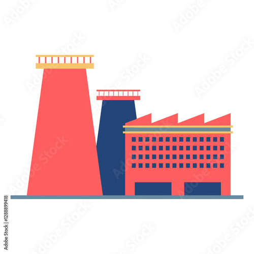 Modern Industrial Complex: Depicting a modern industrial plant or factory, this image showcases a clean, flat design with bold colors and simple shapes, representing industry and manufacturing.