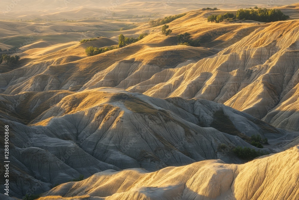 Naklejka premium Crete Senesi: Summer sunrise in the solemn badlands of Tuscany, Italy