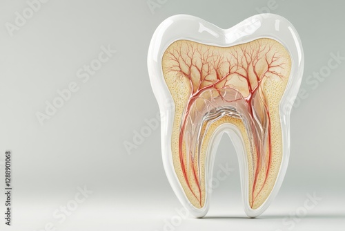 Detailed view of a tooth model showcasing internal anatomy, highlighting nerves and blood vessels in educational setting