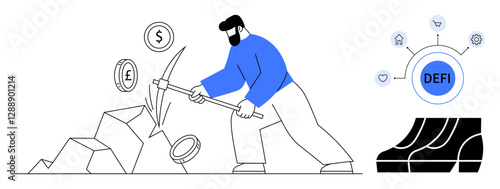 Man wielding pickaxe mines digital coins among blocks. Defi ecosystem with interconnected elements. Ideal for cryptocurrency, finance, blockchain, tech innovation, investment, decentralization