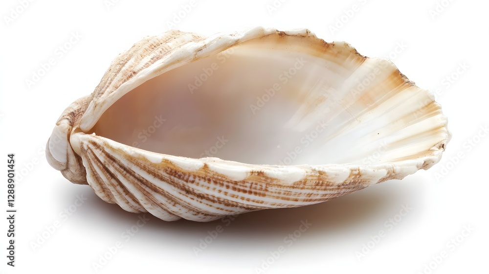 Detailed View of a Natural Scallop Shell with Intricate Patterns and Smooth Texture on White Background Detailed View of a Natural Scallop Shell with Intricate Patterns and Smooth Texture on White Background