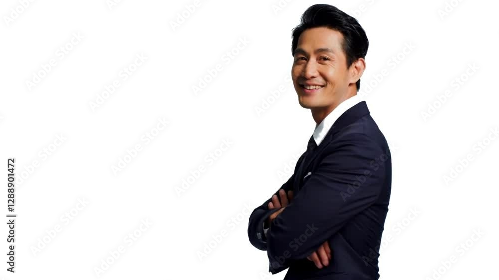 A confident and successful businessman in a suit turn and smiles at the camera with his arms crossed againts white background A confident and successful businessman in a suit turn and smiles at the camera with his arms crossed againts white background