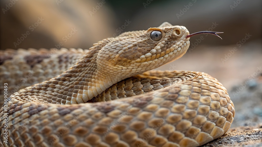 Fototapeta premium Viper's Vigil: A striking close-up showcases a venomous snake in its natural habitat, capturing the intricate details of its scales and intense gaze. The reptile's forked tongue flickers.
