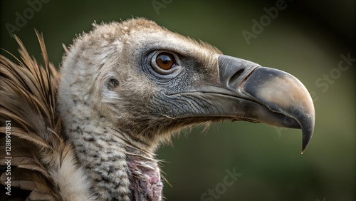 Vulture's Intricate Gaze: A captivating close-up of a vulture's profile, revealing the intricate details of its eye and beak, set against a soft, natural backdrop, hinting at a majestic.