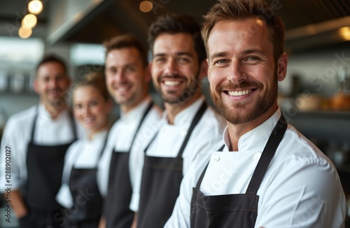Fototapeta Naklejka Na Ścianę i Meble -  Smiling chef with kitchen staff in restaurant. Team of cooks posing in uniform. Happy eatery personnel, commercial kitchen concept. Cheerful adult chefs and trainees look at camera.