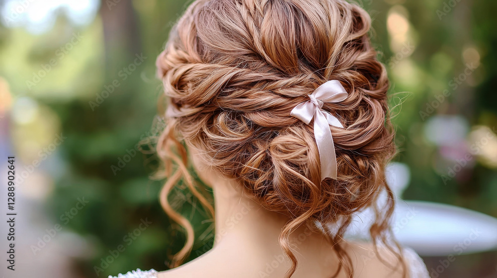 Naklejka premium Luxurious Renaissance princess hairstyle with elegant curls and silk ribbon