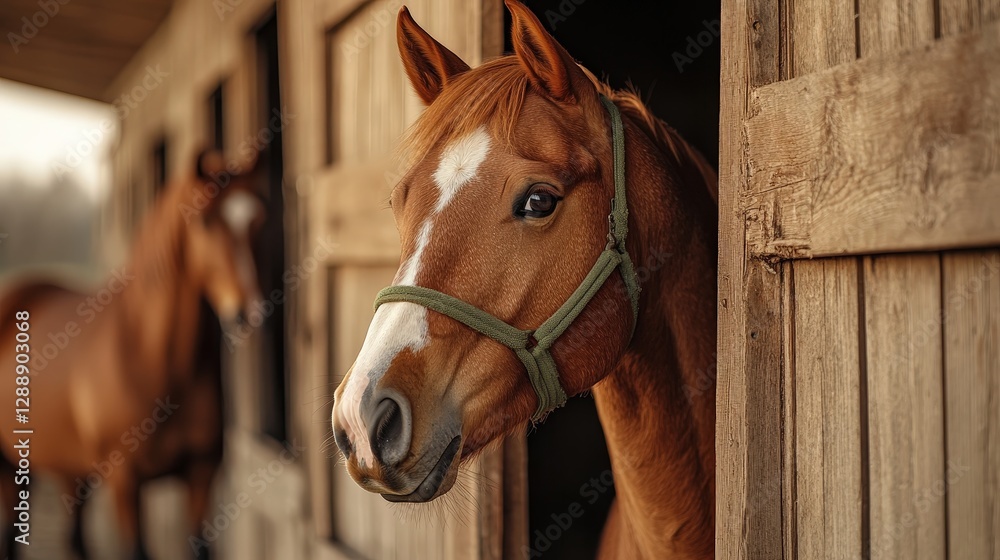 Fototapeta premium A majestic brown horse sporting a striking white forehead patch and a verdant halter, elegantly turned to gaze leftward