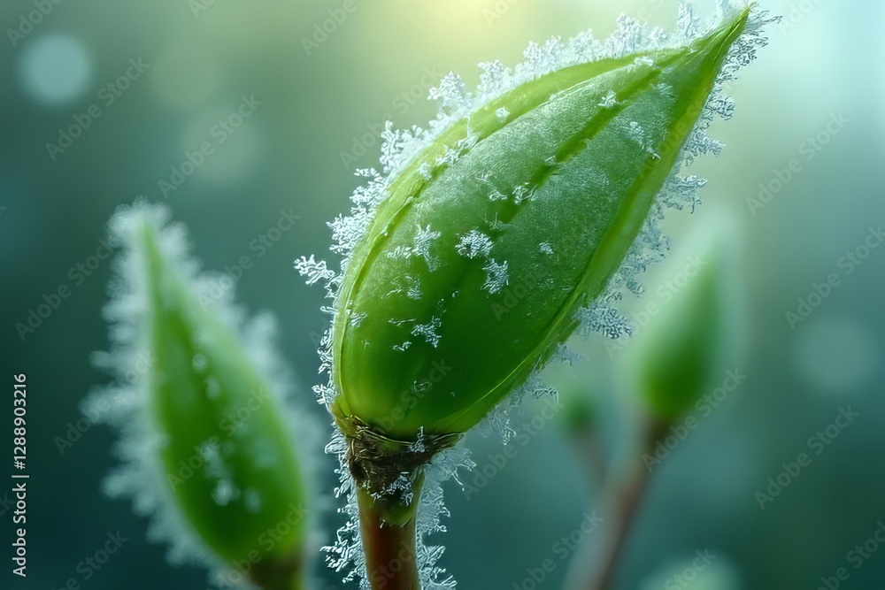 Frozen Bud Closeup, Delicate Frost on a Young Leaf Frozen Bud Closeup, Delicate Frost on a Young Leaf
