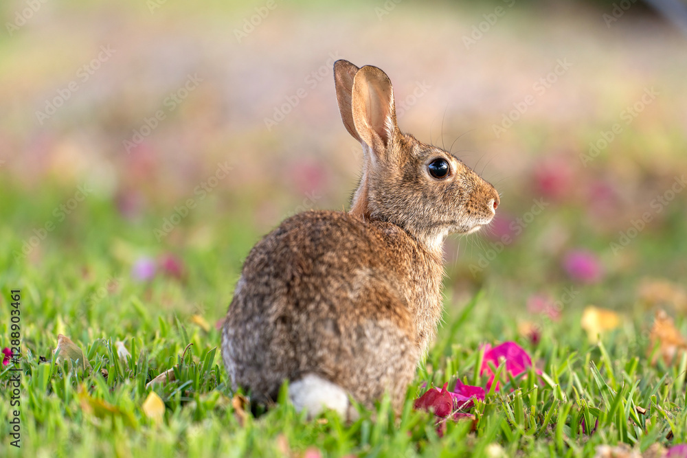 Wild rabbit in nature. Grey small hare eating grass on Florida backyard Wild rabbit in nature. Grey small hare eating grass on Florida backyard