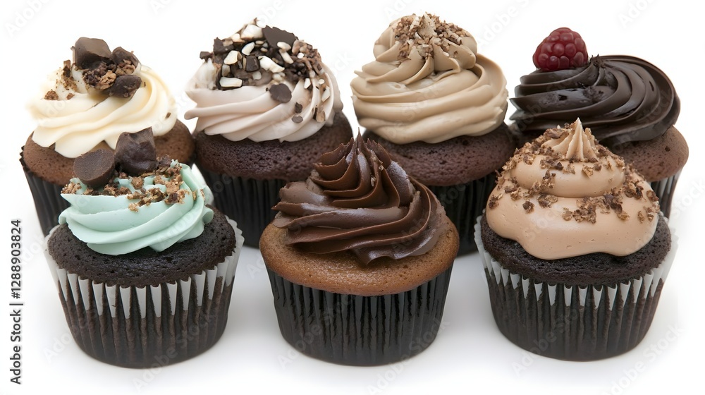 Assorted Chocolate and Vanilla Cupcakes with Creamy Frosting on a White Background Assorted Chocolate and Vanilla Cupcakes with Creamy Frosting on a White Background