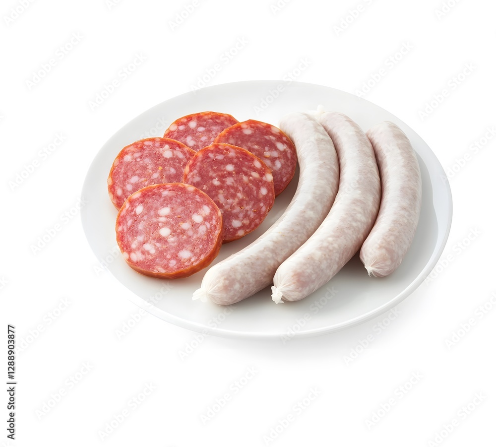 Sausage and salami slices on a white plate Sausage and salami slices on a white plate