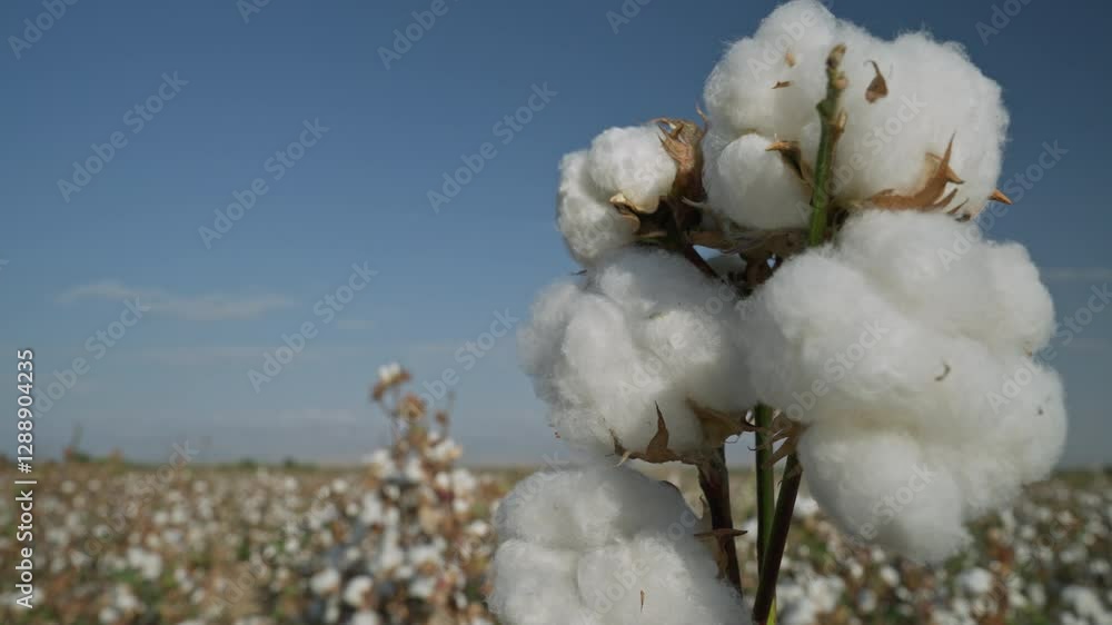 white cotton bolls sway gently under a clear blue sky in a vast field at midday.