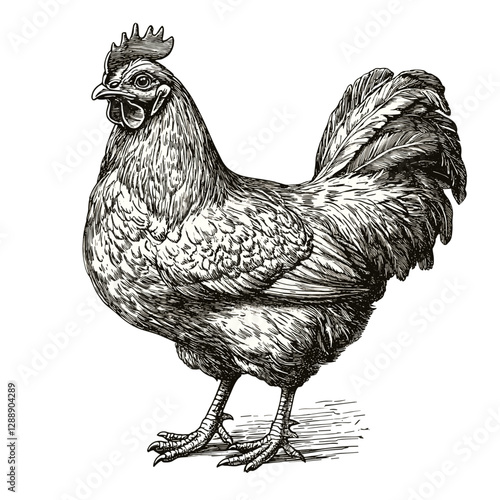 Trendy bird art, vintage wildlife print, hand-drawn chicken in engraving style, black sketch design.