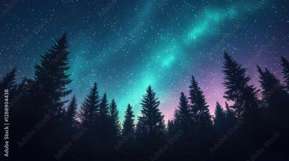Fototapeta premium A stunning night sky showcases vibrant auroras above silhouetted evergreen trees, surrounded by a blanket of twinkling stars.