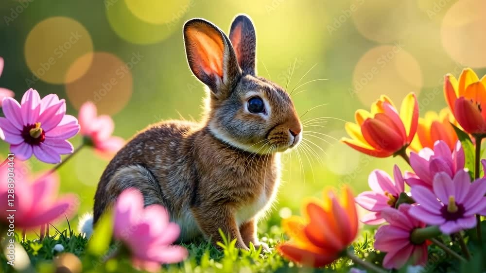 Curious rabbit exploring vibrant garden amidst blooming flowers under sunlit bokeh Curious rabbit exploring vibrant garden amidst blooming flowers under sunlit bokeh