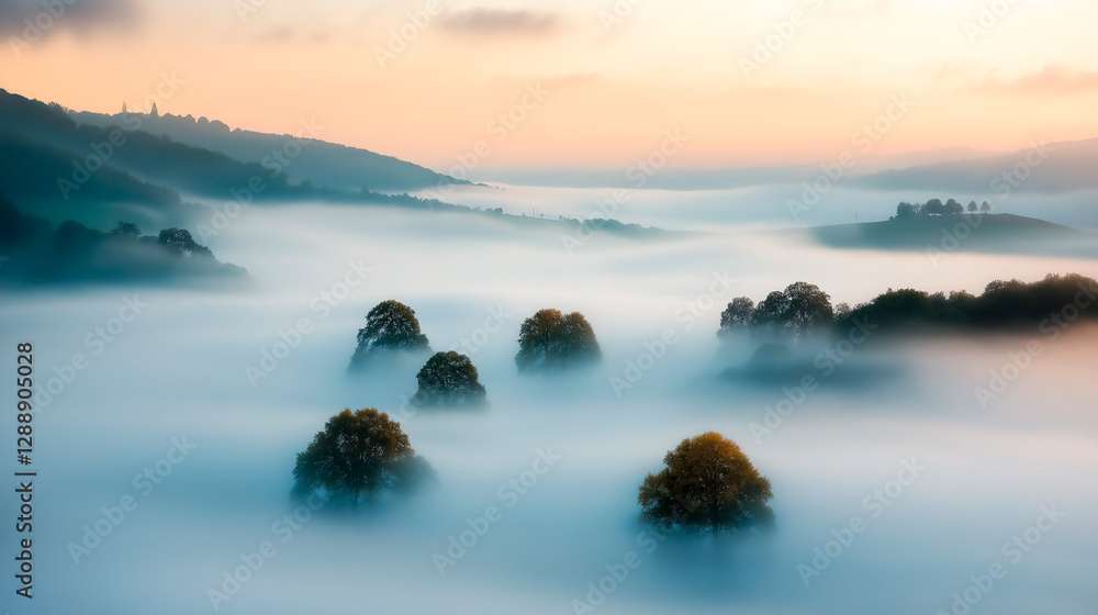 Fototapeta premium Early morning landscape. Foggy. River valley in the morning fog at sunrise. View from above. Rays of the sun breaking through the fog in over the trees. Athmosphere quite and calm