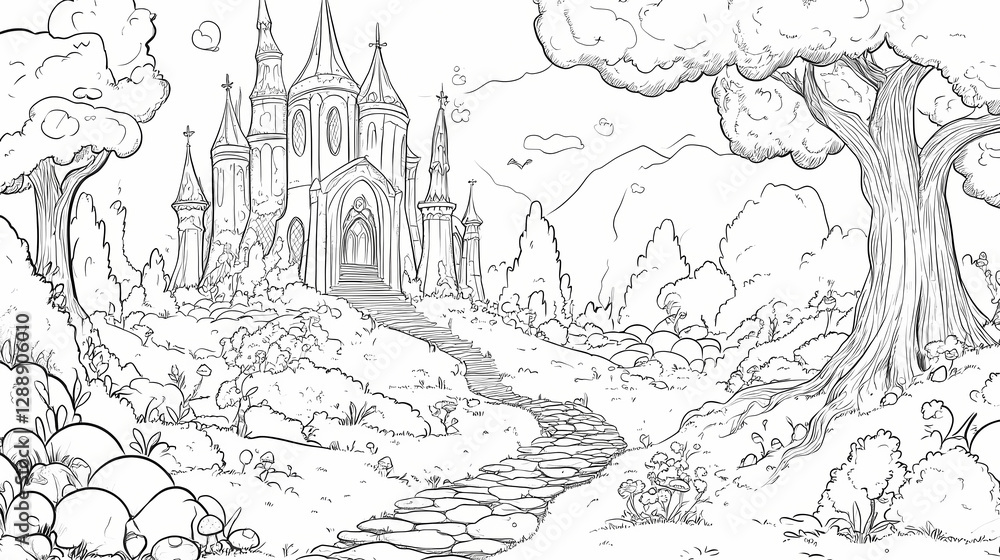 Fototapeta premium A magical land filled with imaginative creatures, coloring page for kids, simple outline illustration. coloring book, simple lines. Time-Warped Cathedral. Illustration