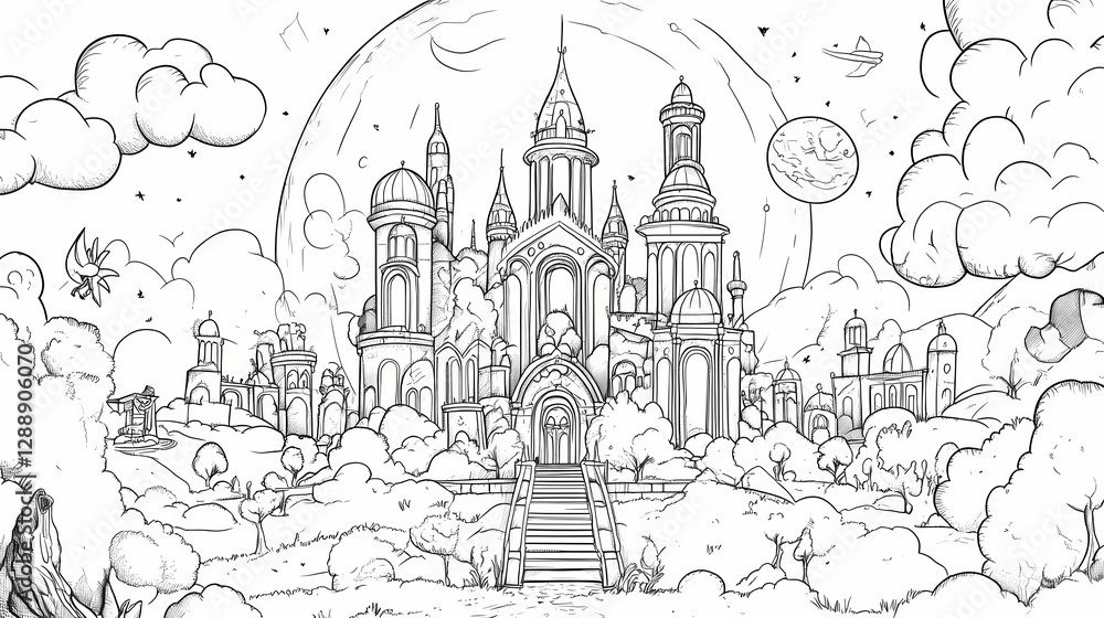 A magical land filled with imaginative creatures, coloring page for kids, simple outline illustration. coloring book, simple lines. Time-Warped Cathedral. Illustration A magical land filled with imaginative creatures, coloring page for kids, simple outline illustration. coloring book, simple lines. Time-Warped Cathedral. Illustration
