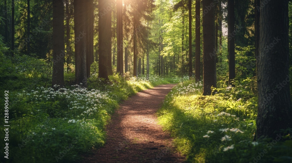 Fototapeta premium A serene forest path with sunlight filtering through tall trees, surrounded by lush greenery and wildflowers.
