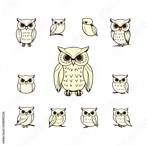 Owl vector outline set, hand drawn owl line art, minimal owls isolated design for tattoo, clipart, sketch, cartoon, artistic set, digital collection of aesthetic bird, wildlife nocturnal bird icon