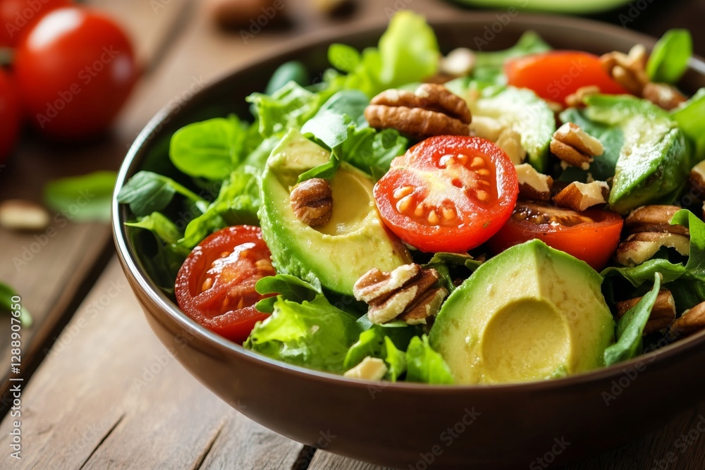Fresh avocado and tomato salad with greens and pecans in brown bowl Fresh avocado and tomato salad with greens and pecans in brown bowl